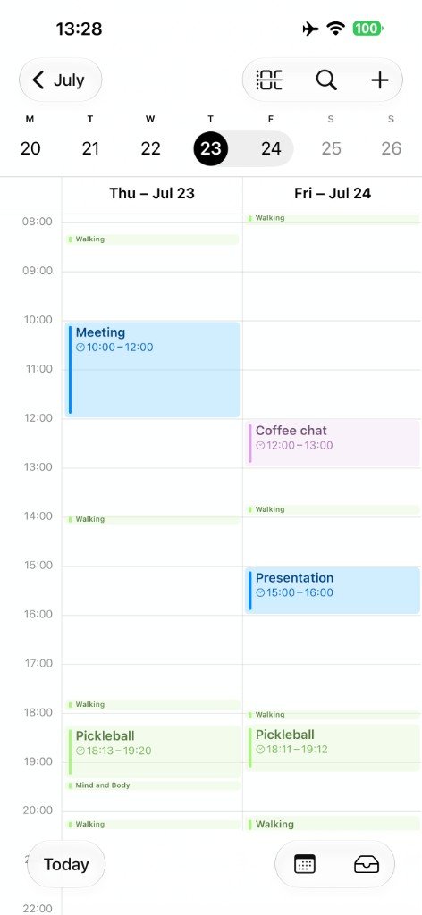 Apple Calendar on iPhone with Otter Workout sessions auto-logged beside meetings